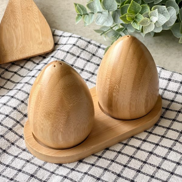 نمک پاش جفتی بامبو مدل تخم مرغی همراه استند بامبو